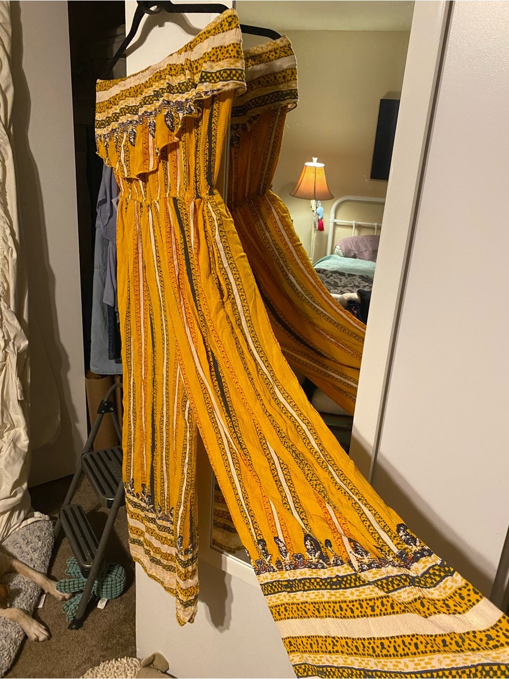 Off-Shoulder Yellow Striped Boho Jumpsuit